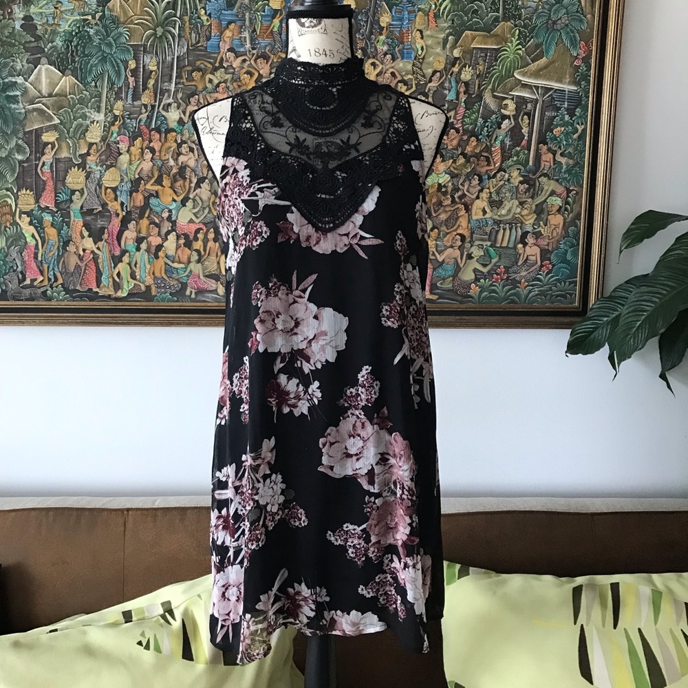 Floral print lace halter neck chiffon dress S